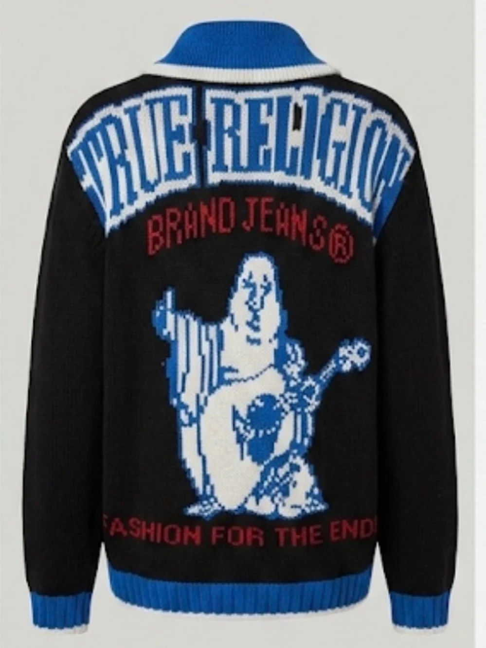 True Religion Mens Black & Blue Zip-Up intarsia cardigan